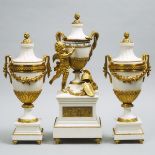 Massive Louis XVI Style Ormolu Mounted White Marble Annular Clock Garniture, c.1900, clock height 26