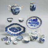 Group of English Blue and White Porcelain, late 18th century, largest teapot height 5.1 in — 13 cm (