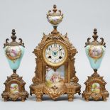 French 'Sevres' Porcelain Mounted Gilt Metal Three Piece Mantle Clock Garniture, c.1860, clock heigh