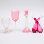Group of Pink and Cranberry Glass Articles, Probably Steuben, early 20th century, candlestick height