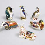 Six Royal Crown Derby Animal and Bird Figures, 20th century, largest height 5.3 in — 13.5 cm (6 Piec