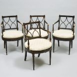 Set of Four Regency Style Parcel Gilt Ebonized Open Armchairs, early-mid 20th century, 34 x 21 x 22.