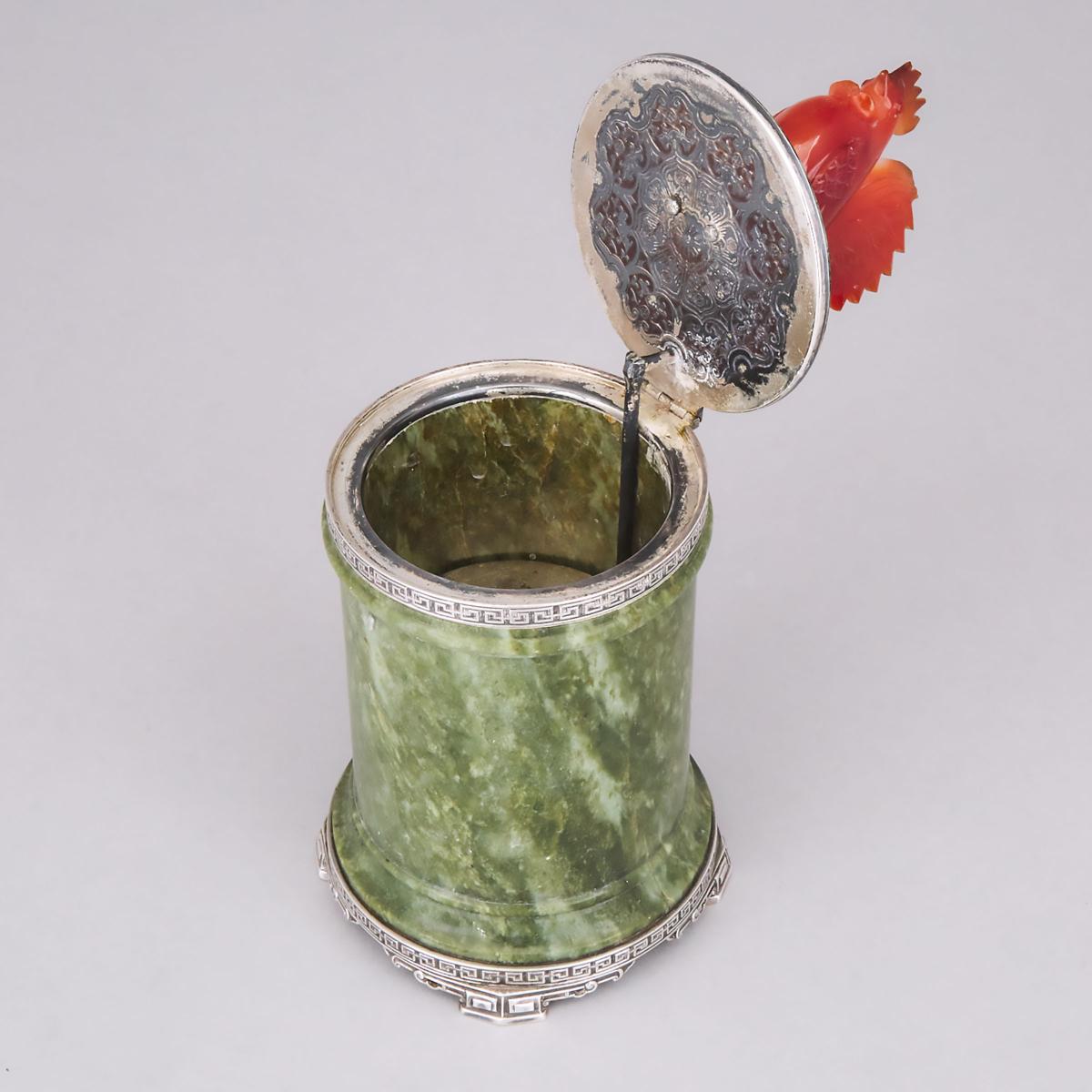 American Silver Mounted Carved Carnelian and Spinach Jade Cigarette Box, Lebkuecher & Co., Newark, N - Image 2 of 2