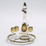 Bohemian Cut, Enameled and Gilt Glass Decanter, Tray, and Three Glasses, 20th century, decanter heig