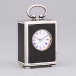 Continental Black and White Enameled and Engraved Silver Cased Miniature Desk Clock, probably Swiss,