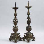 Pair of North Italian Renaissance Style Bronze Pricket Candlesticks, 19th century, height 26.75 in —