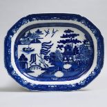 Staffordshire Blue-Printed Willow Pattern Oval Platter, early 19th century, length 20.9 in — 53.2 cm