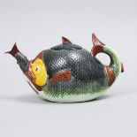 Continental Majolica Fish Teapot, late 19th century, length 11.8 in — 30 cm