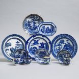 Group of English Blue-Printed Pottery and Porcelain, late 18th/early 19th century, plate diameter 9.