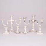 Two Canadian Silver Three-Light Candelabra and Four Low Candlesticks, Henry Birks & Sons, Montreal,