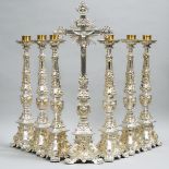 French Seven Piece Silvered Bronze Ecclesiastical Altar Garniture, early 20th century, crucifix heig