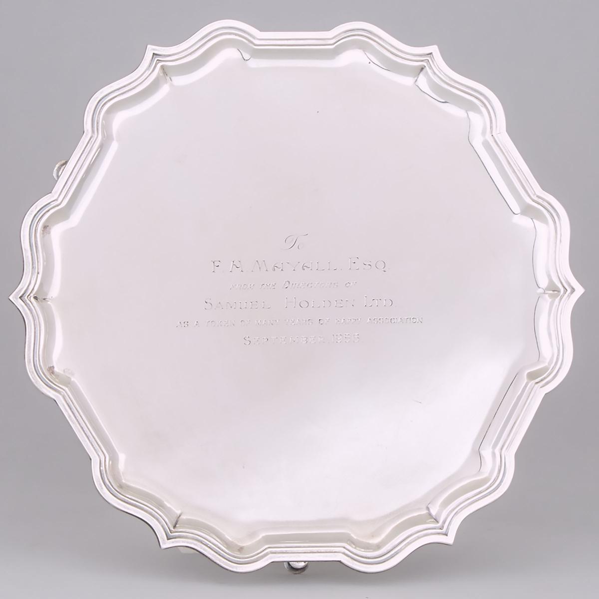 English Silver Shaped Circular Salver, Garrard & Co., London, 1956, diameter 10 in — 25.5 cm