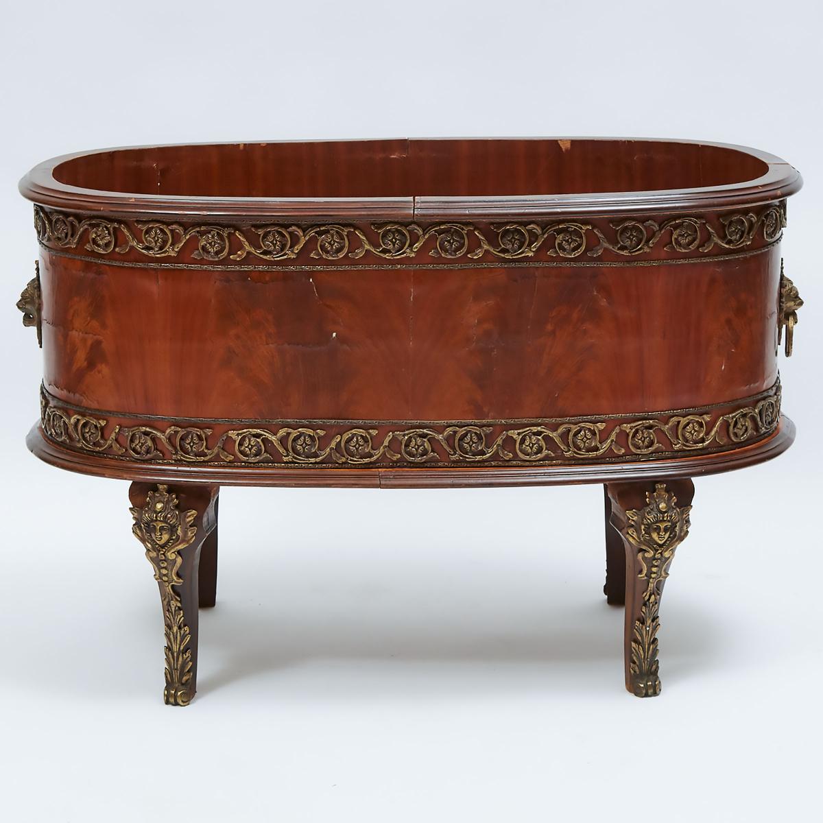 Large French Ormolu Mounted Oval Mahogany Jardiniere on Stand, c.1900, 24 x 36 x 19 in — 61 x 91.4 x
