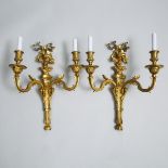 Pair of Large French Neoclassical Gilt Bronze Two Candle Wall Sconces, 20th century, height 19.75w i