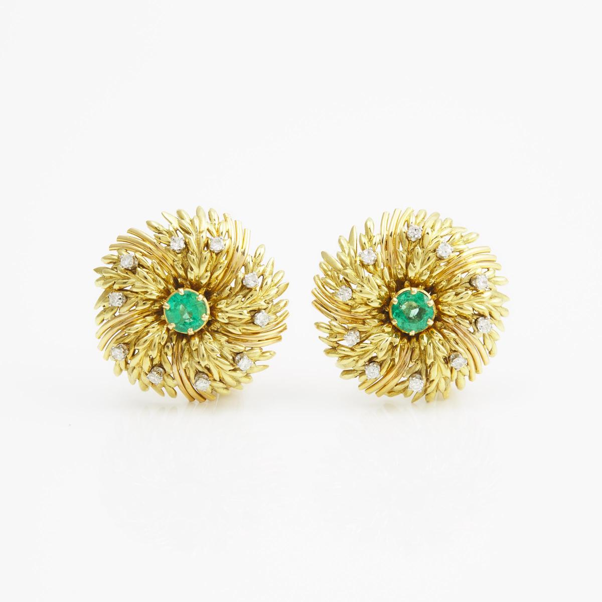 Pair Of 18k Yellow Gold Clip-Back Button Earrings, each set with a full cut emerald (approx.0.50ct.