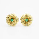 Pair Of 18k Yellow Gold Clip-Back Button Earrings, each set with a full cut emerald (approx.0.50ct.