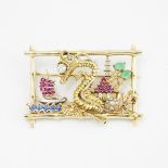 14k Yellow Gold Brooch, depicting a dragon within a rectangular bamboo frame, set with an old Europe