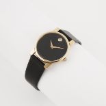 Movado "Museum" Wristwatch, quartz movement; black circular dial; in a gold-plated and stainless ste