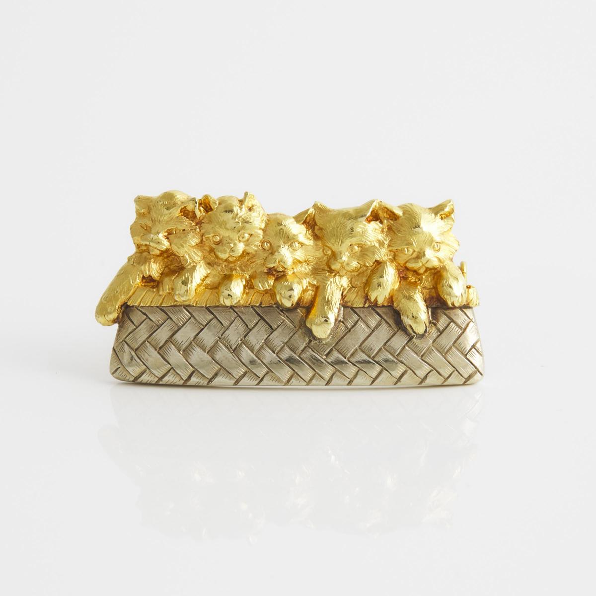 French 18k Yellow And White Gold Brooch, formed as a litter of yellow gold kittens within a white go