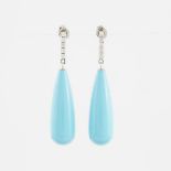 Pair Of 14k White Gold And Turquoise Drop Earrings, each earring set with 5 small brilliant cut diam