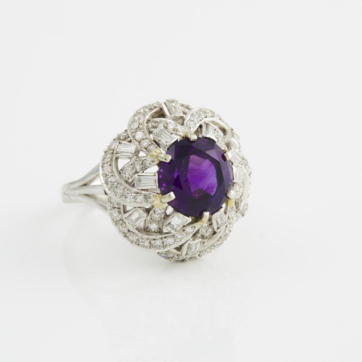 18k White Gold Ring, set with a full cut amethyst (9.5mm dia.), 72 small single cut and 12 small bag