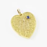 English 9k Yellow Gold Heart-Shaped Locket, bezel set with a small full cut sapphire, with engraved