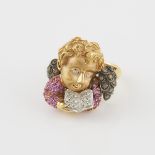18k Yellow And Blackened Gold Ring, formed as a cherub and set with 20 small brilliant cut diamonds,