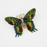 14k Yellow Gold Butterfly Brooch, decorated with enamel and set with 13 small brilliant cut diamonds