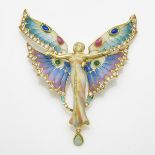 "Nouveau 1910" Art Nouveau Style 18k Yellow Gold Brooch/Pendant, formed as a winged female figure &