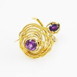English 18k Yellow Gold Brooch, set with a full and an oval cut amethyst, and 4 small old cut diamon