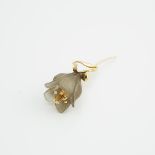 14k Yellow Gold Floral Brooch, with a carved smokey quartz flower head and set with 3 small brillian