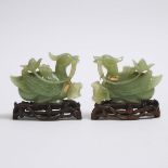 A Pair of Green Jade Mandarin Ducks, 青玉雕鸳鸯摆件一对, width 5.1 in — 13 cm (2 Pieces)