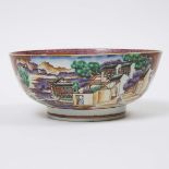 A Chinese Export Punch Bowl, 18th Century, 十八世纪 中国外销开窗庭院风景纹碗, diameter 11.2 in — 28.5 cm