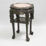 A Chinese Pink Marble-Inlaid Hardwood Stand, 19th Century, 十九世纪 硬木嵌大理石桌, 31.7 x 21.7 x 21.7 in — 80.