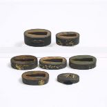 A Group of Six Shakudo Nanako Fuchi and One Matching Kashira, 19th Century, largest length 1.6 in —