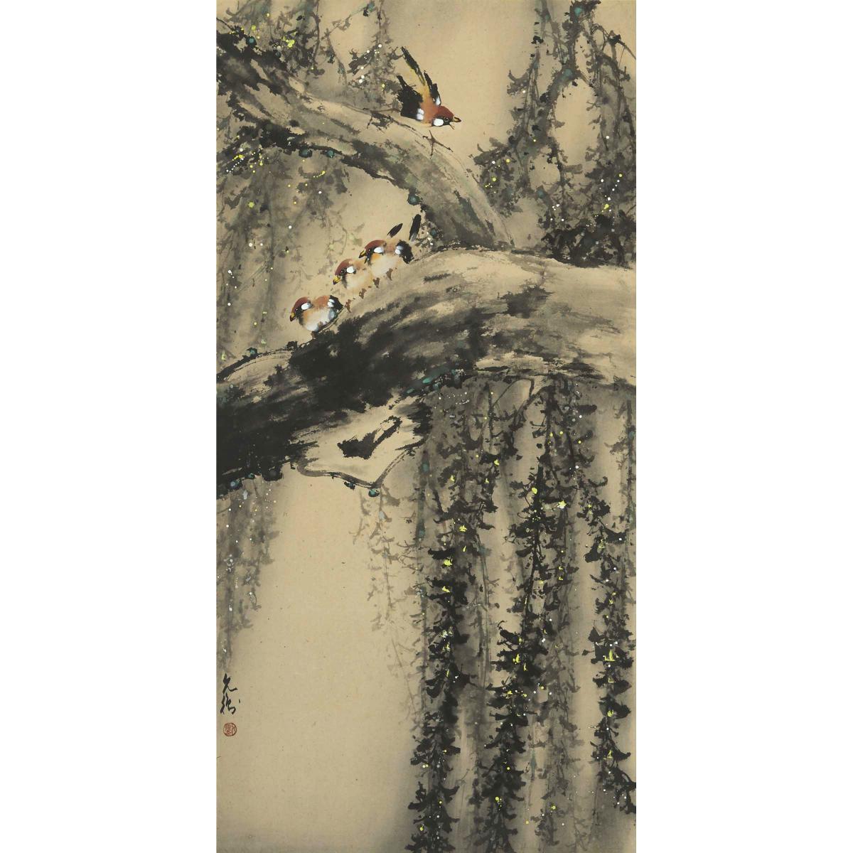 Liu Yunheng (1938-1975), Lingnan School, Singing Birds on Trees, 刘允衡 (1938-1975) '鸟鸣嘤嘤图' 设色纸本 镜框, 47