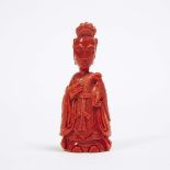 A Carved Coral 'Lady and Parrot' Snuff Bottle, 19th/20th Century, 十九/二十世纪 珊瑚雕仕女鼻烟壶, height 3.1 in —