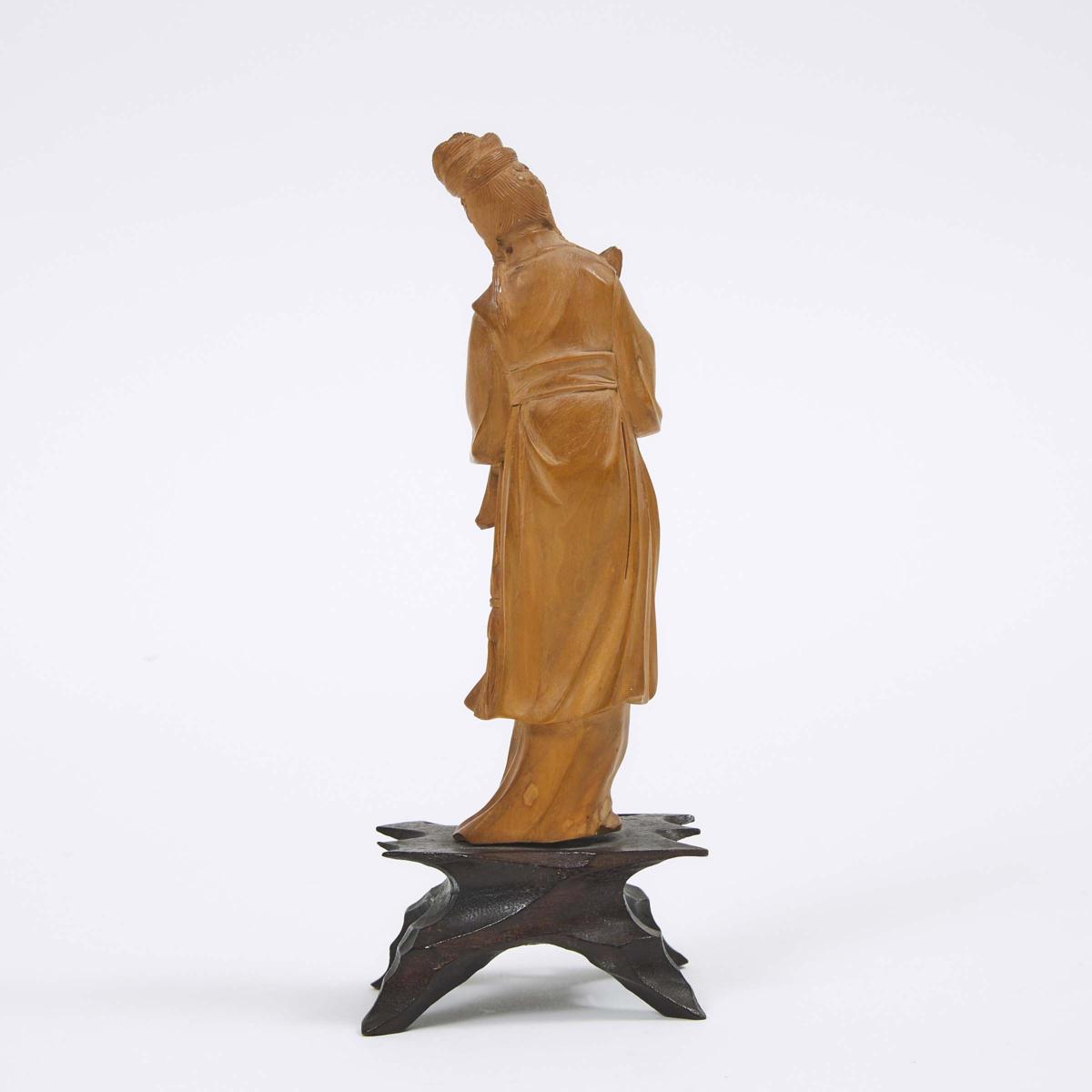 A Chinese Boxwood Carving of Female Musician, 20th Century, 二十世纪 黄杨木雕持笙仕女, height 7.3 in — 18.5 cm - Image 2 of 2