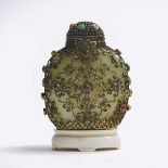 A Filigree and Precious Stone Embellished Jade Snuff Bottle, 19th Century, 十九世纪 银丝嵌宝青白玉鼻烟壶, height 3