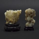 A Jade 'Lotus' Cup, together with a Miniature Jade Scholar Rock, 玉雕山子 莲叶角杯一组两件, tallest height 3.3 i