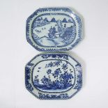 Two Large Blue and White Rectangular Platters, Qianlong Period, 18th Century, 乾隆 十八世纪 青花花鸟纹方盘一对, len