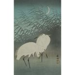 Ohara Koson (Shōson) (1877-1945), Herons in Reeds under the Crescent Moon, 小原古邨 (祥邨) (1877-1945), 月と