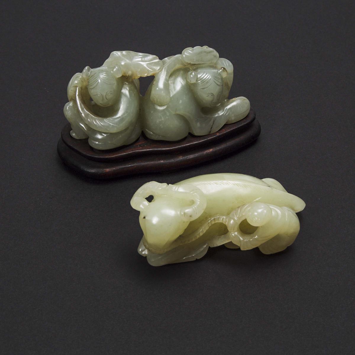 A Jade 'Hehe Erxian' Group, together with a Jade 'Boy and Buffalo' Group, 玉雕'和合二仙' '童子牧牛'摆件一组两件, lon