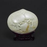 A White Jade Ruyi-Sceptre Head 'Peaches' Plaque, 白玉雕'福寿双全'如意头, 3.5 x 4.2 in — 8.9 x 10.6 cm