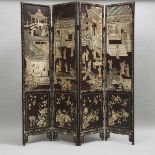 A Chinese Coromandel Four-Panel Floor Screen, 中国乌木人物故事纹屏风, each panel 70 x 16 in — 177.8 x 40.6 cm