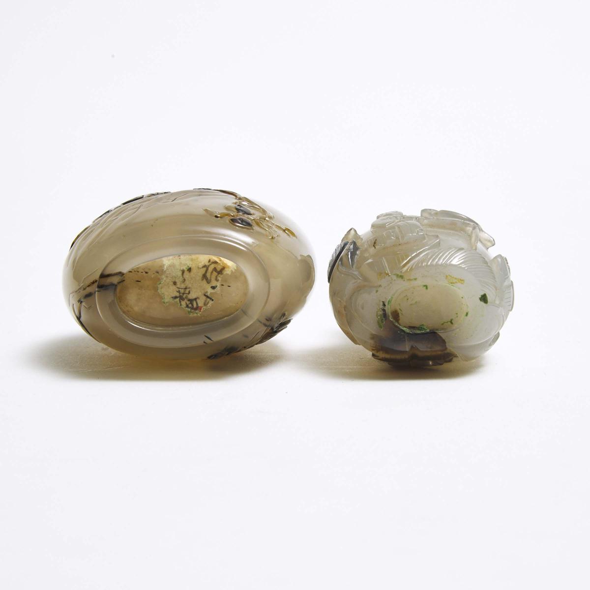 Two Well-Carved Agate Snuff Bottles, Qing Dynasty, 清 玛瑙巧雕鼻烟壶两只, tallest height 3 in — 7.5 cm (2 Piec - Image 4 of 4