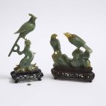 Two Green Jadeite Carvings of Birds, 翡翠雕枝头小鸟摆件两件, tallest height 6.7 in — 17 cm (2 Pieces)