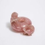 A Chinese Rose Quartz 'Lions' Brushwasher, Qing Dynasty, 18th/19th Century, 十八/十九世纪 粉晶雕福狮纹笔洗, 2.5 x