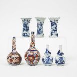 A Chinese Blue and White Five-Piece Miniature Garniture, together with Two Imari Bottle Vases, 18th/