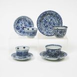 Two Pairs of Blue and White Cups and Saucers, Kangxi Period, 17th/18th Century, 康熙 十八世纪 青花花卉纹杯及盏托两套共